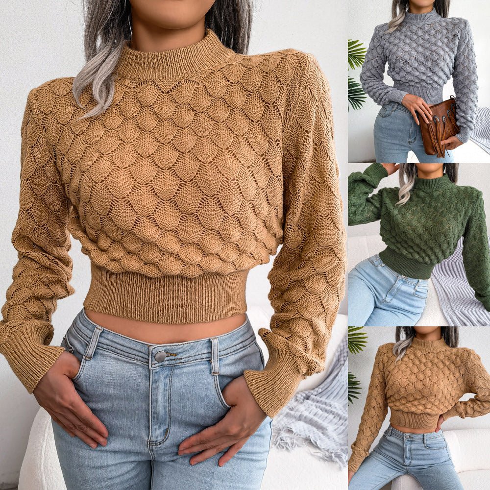 3D Diamond Knit Cropped Sweater – Trendy Long - Sleeve Top for Autumn & Winter - Knack'd Up