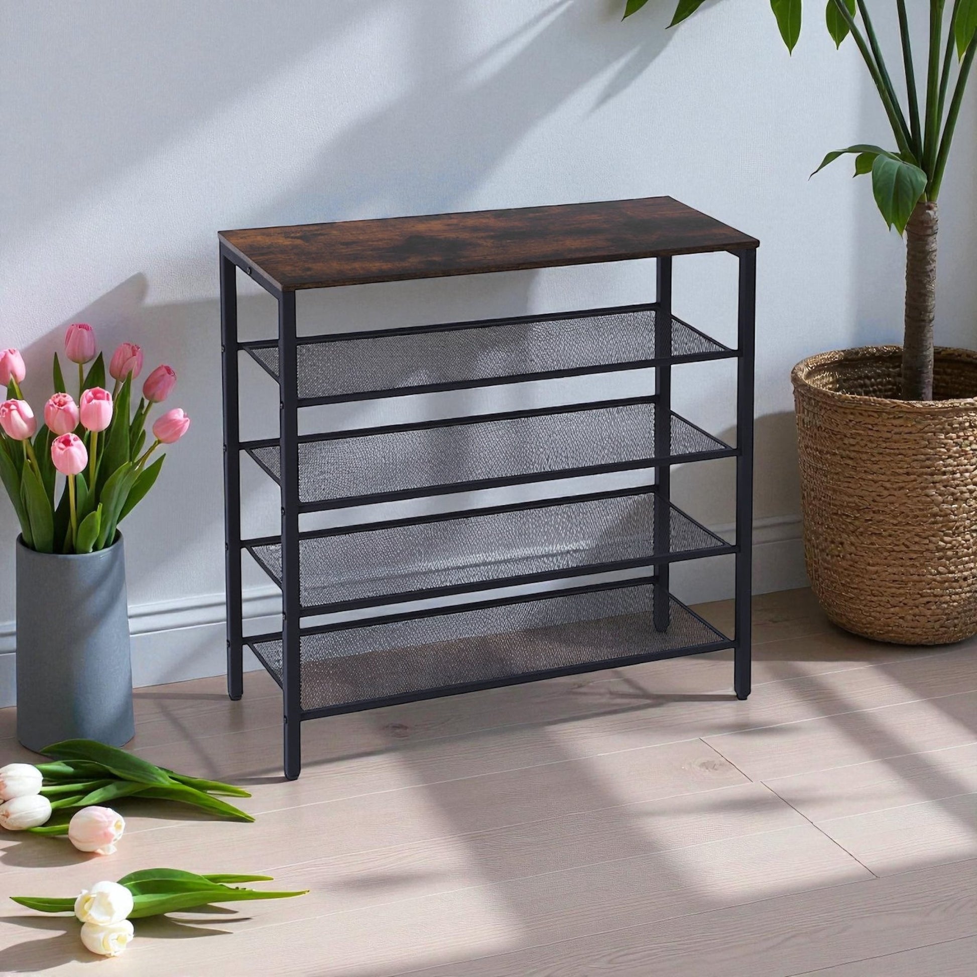 4 - Tier Rustic Shoe Rack with Coat Hooks – Industrial Wood & Steel Entryway Organizer for Living Room, Hallway & Mudroom - Knack'd Up