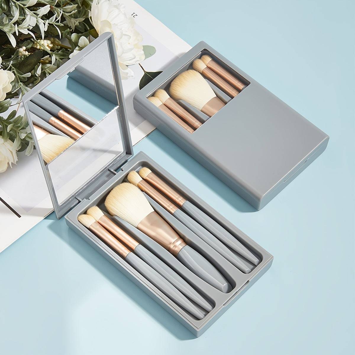 5 PCs Makeup Brushes with Mirror Travel Set – Portable Beauty Kit for Flawless On - the - Go Glam - Knack'd Up