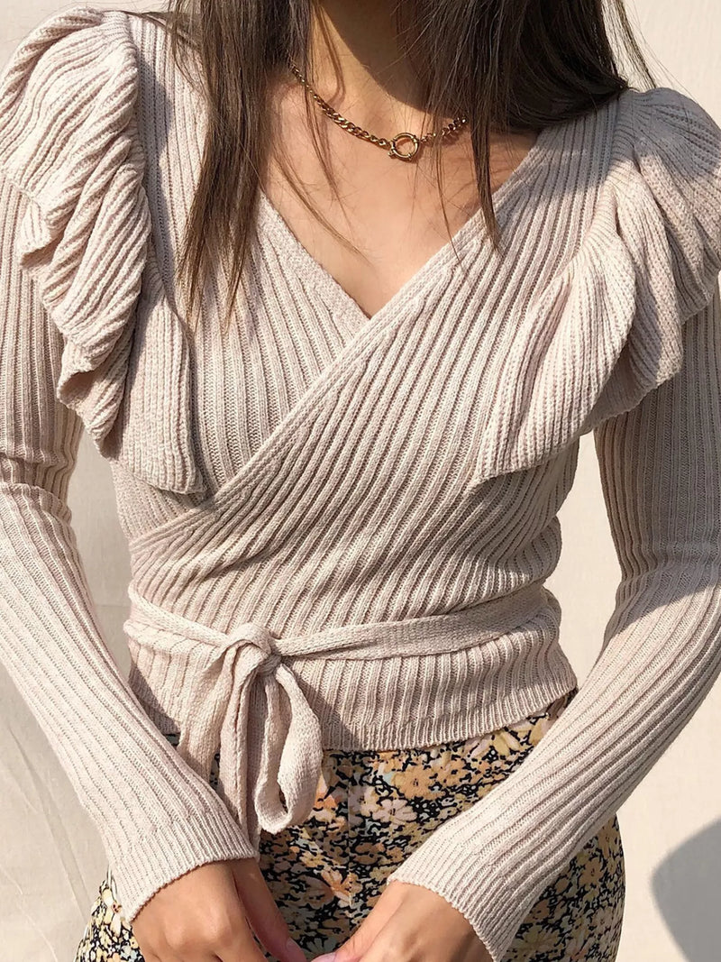 Ruffled Surplice Long Sleeve Knit Top