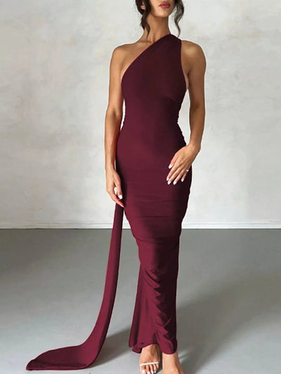 Backless One - Shoulder Ruched Bodycon Maxi Dress - Knack'd Up