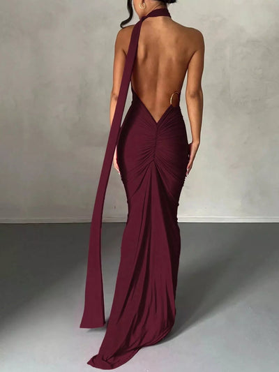 Backless One - Shoulder Ruched Bodycon Maxi Dress - Knack'd Up