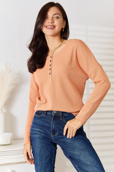Basic Bae Half Button Long Sleeve Top - Knack'd Up