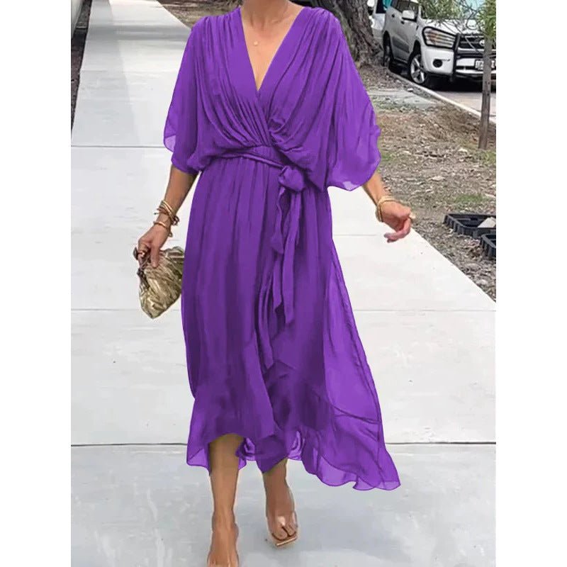 Batwing Sleeve V - Neck Dress – Elegant Summer Irregular Long Dress for Women - Knack'd Up