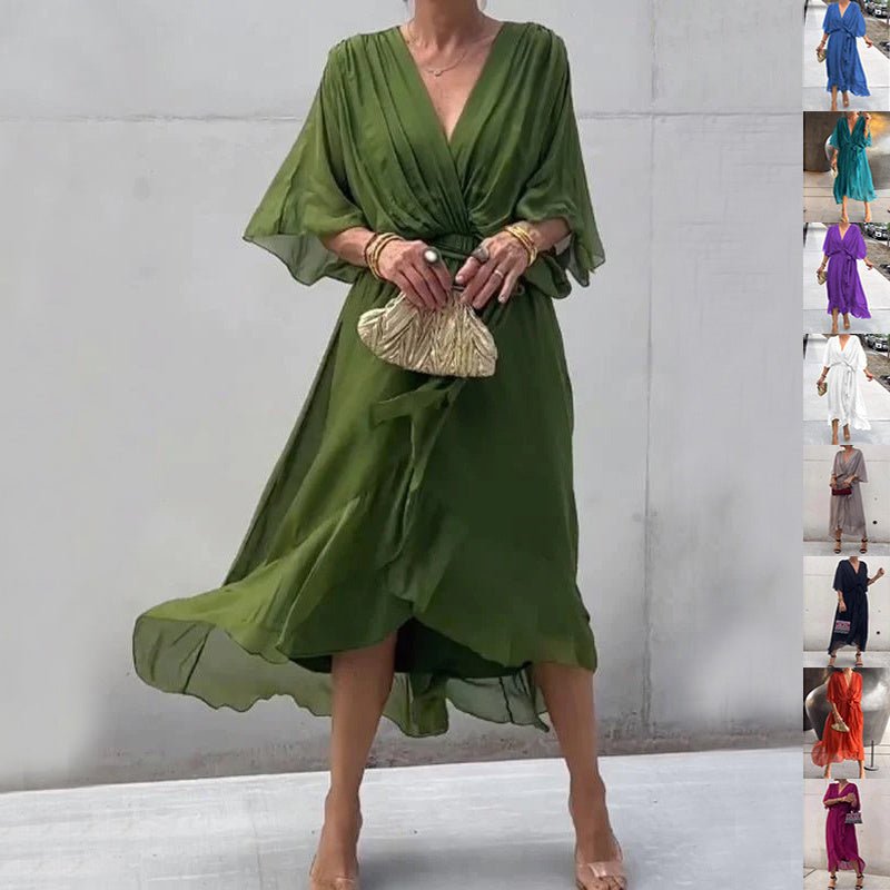 Batwing Sleeve V - Neck Dress – Elegant Summer Irregular Long Dress for Women - Knack'd Up