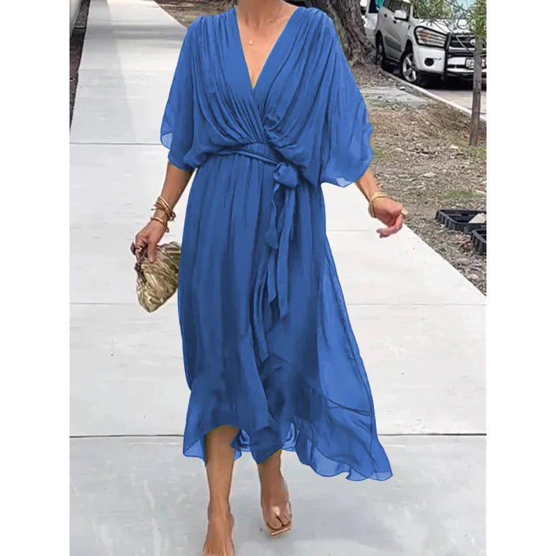 Batwing Sleeve V - Neck Dress – Elegant Summer Irregular Long Dress for Women - Knack'd Up