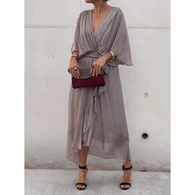 Batwing Sleeve V - Neck Dress – Elegant Summer Irregular Long Dress for Women - Knack'd Up
