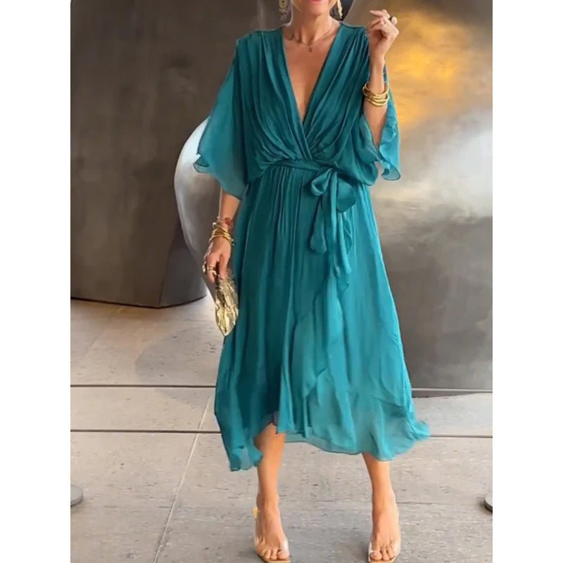 Batwing Sleeve V - Neck Dress – Elegant Summer Irregular Long Dress for Women - Knack'd Up
