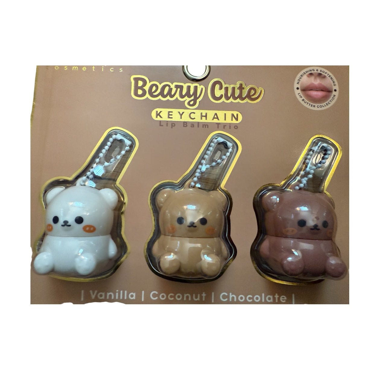 Beary Cute Lip Balm Trio Keychain Set – Vanilla, Coconut & Chocolate Moisturizing Lip Balms - Knack'd Up
