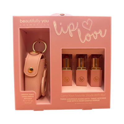 Beautifully You Lip Lover Set – 3 Luxurious Lipsticks with Heart Mirror & Keychain Case | On - the - Go Makeup Gift Set - Knack'd Up