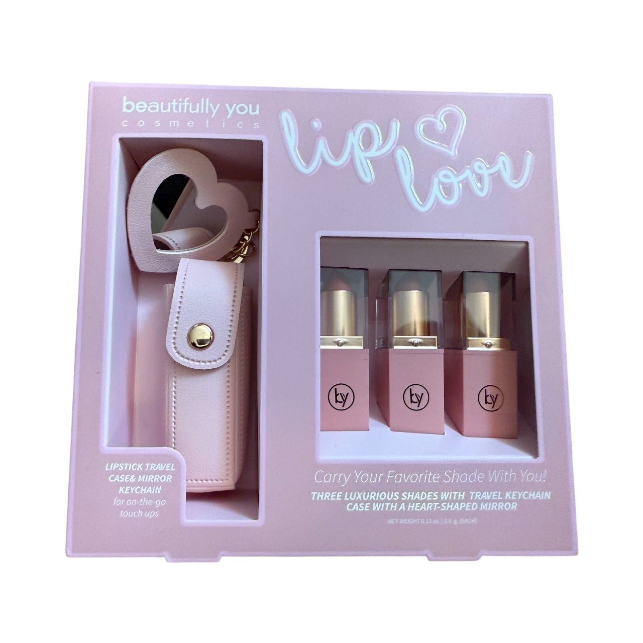 Beautifully You Lip Lover Set – 3 Luxurious Lipsticks with Heart Mirror & Keychain Case | On - the - Go Makeup Gift Set - Knack'd Up