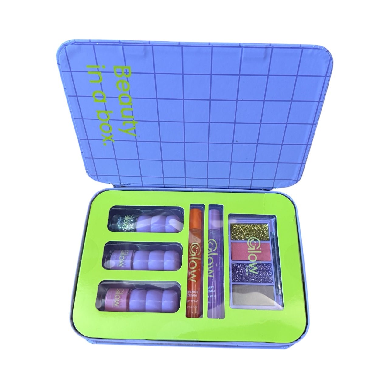 Beauty In A Box Makeup Gift Set – Glow Collection with Lip Gloss, Eyeshadow Palette & Nail Polish Trio in Reusable Tin Case - Knack'd Up