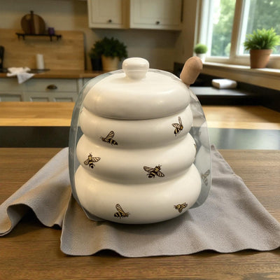 Bee Hive Ceramic Honey Jar with Wooden Dipper – Cute Bee Design Kitchen Storage Pot - Knack'd Up
