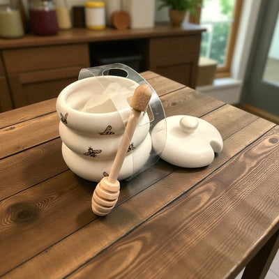 Bee Hive Ceramic Honey Jar with Wooden Dipper – Cute Bee Design Kitchen Storage Pot - Knack'd Up