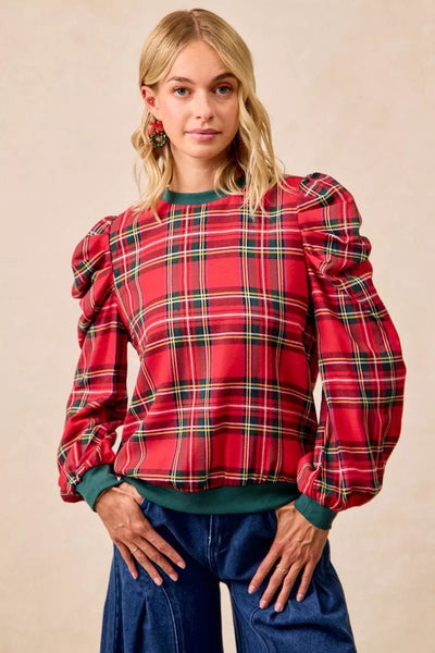 BiBi Christmas Plaid Exaggerated Shoulder Sleeves Top - Knack'd Up