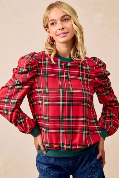 BiBi Christmas Plaid Exaggerated Shoulder Sleeves Top - Knack'd Up