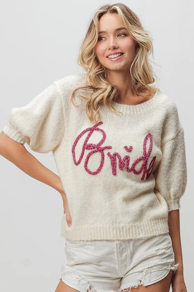 BiBi Metallic Letter Short Puff Sleeve Hairy Sweater - Knack'd Up