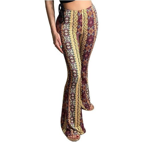 Boho Print Flare Pants – High - Waist Stretchy Retro Vibe Bell Bottoms - Knack'd Up