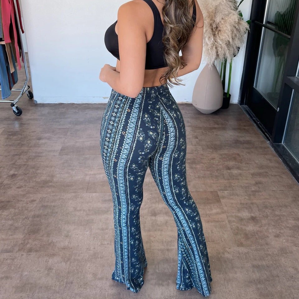 Boho Print Flare Pants – High - Waist Stretchy Retro Vibe Bell Bottoms - Knack'd Up