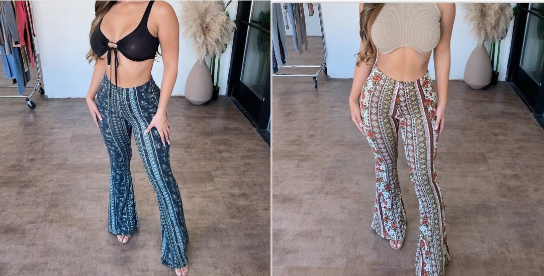 Boho Print Flare Pants – High - Waist Stretchy Retro Vibe Bell Bottoms - Knack'd Up