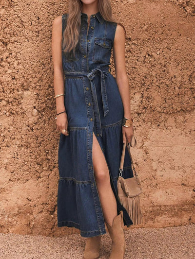 Button Front Sleeveless Denim Dress - Knack'd Up