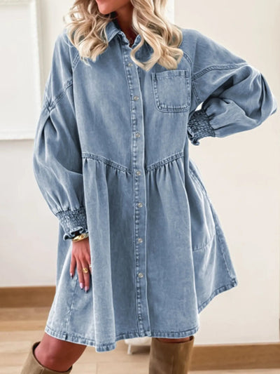 Button - Up Denim Shirt Dress with Smocked Cuffs - Knack'd Up
