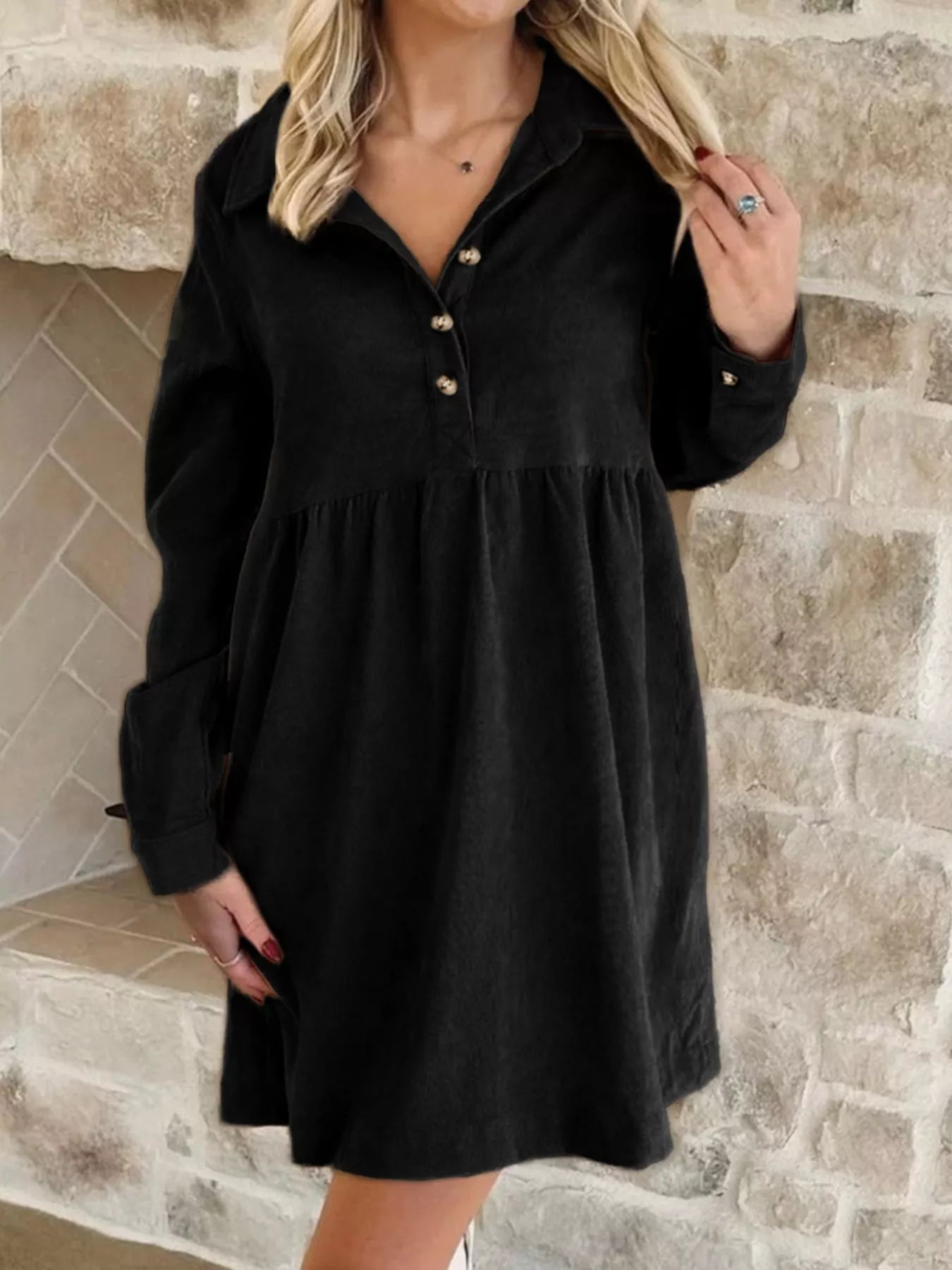 Casual Corduroy Button Detail Mini Dress - Knack'd Up