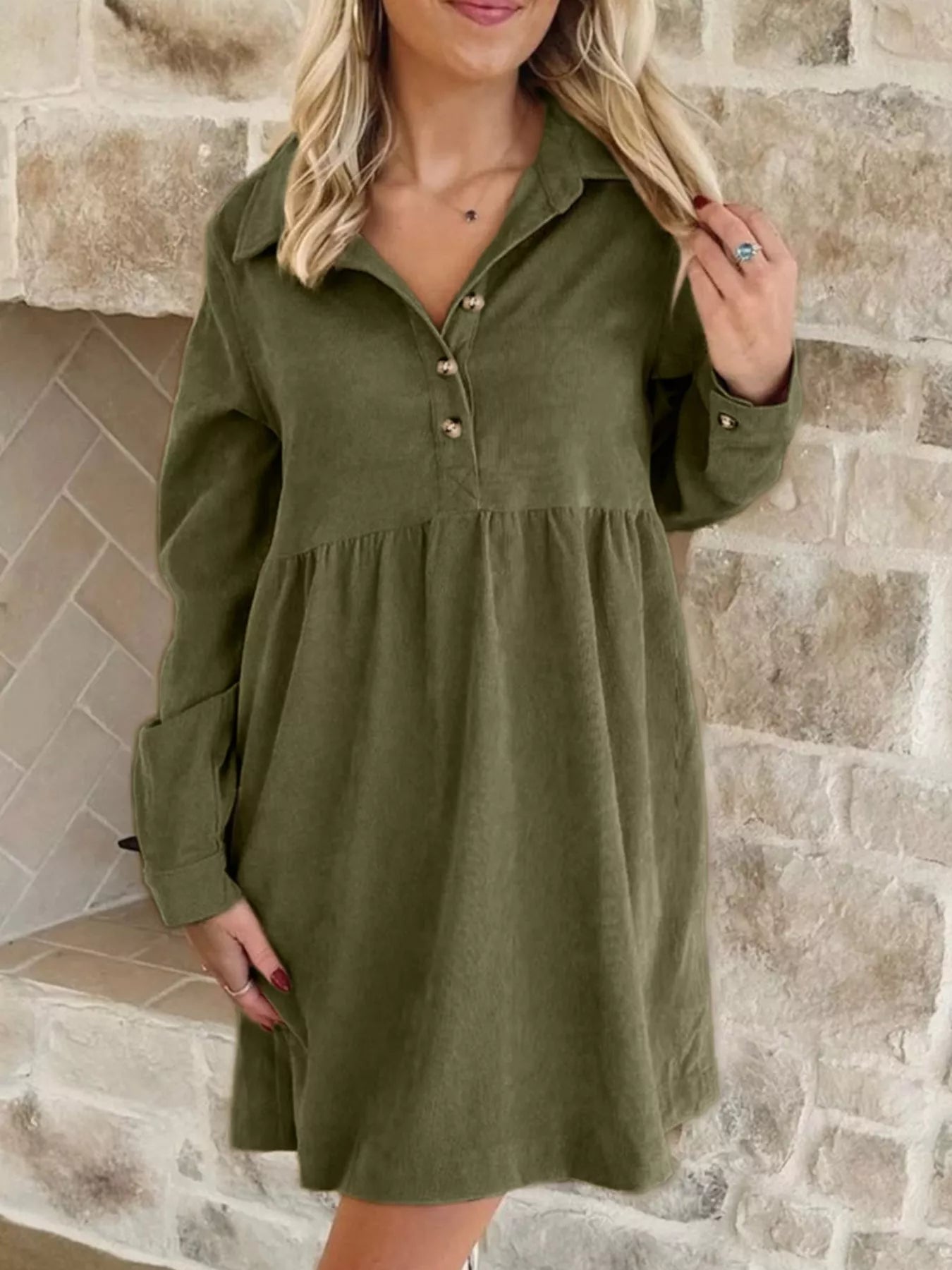 Casual Corduroy Button Detail Mini Dress - Knack'd Up