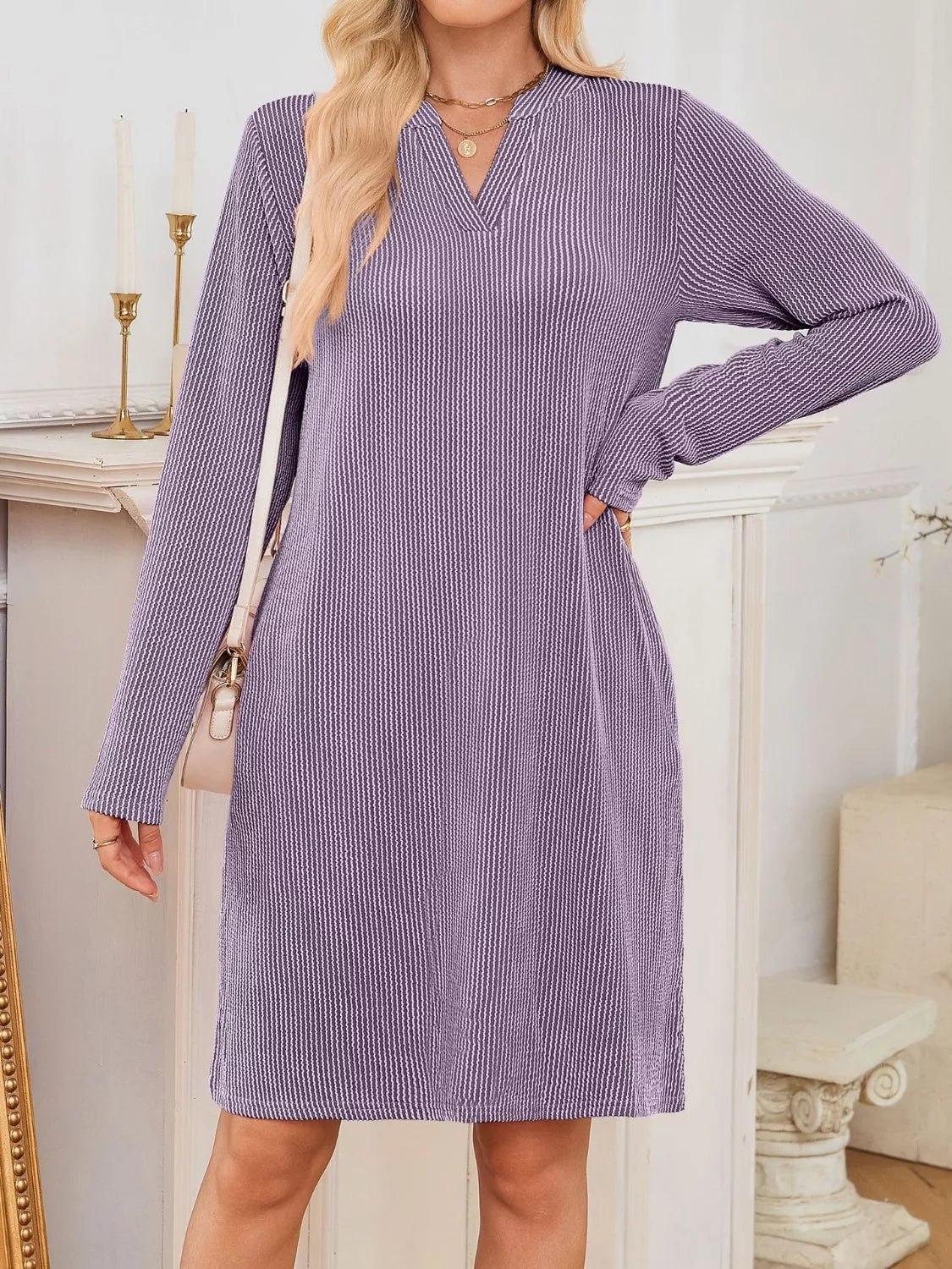 Casual Ribbed Knit Long Sleeve Dress - Knack'd Up