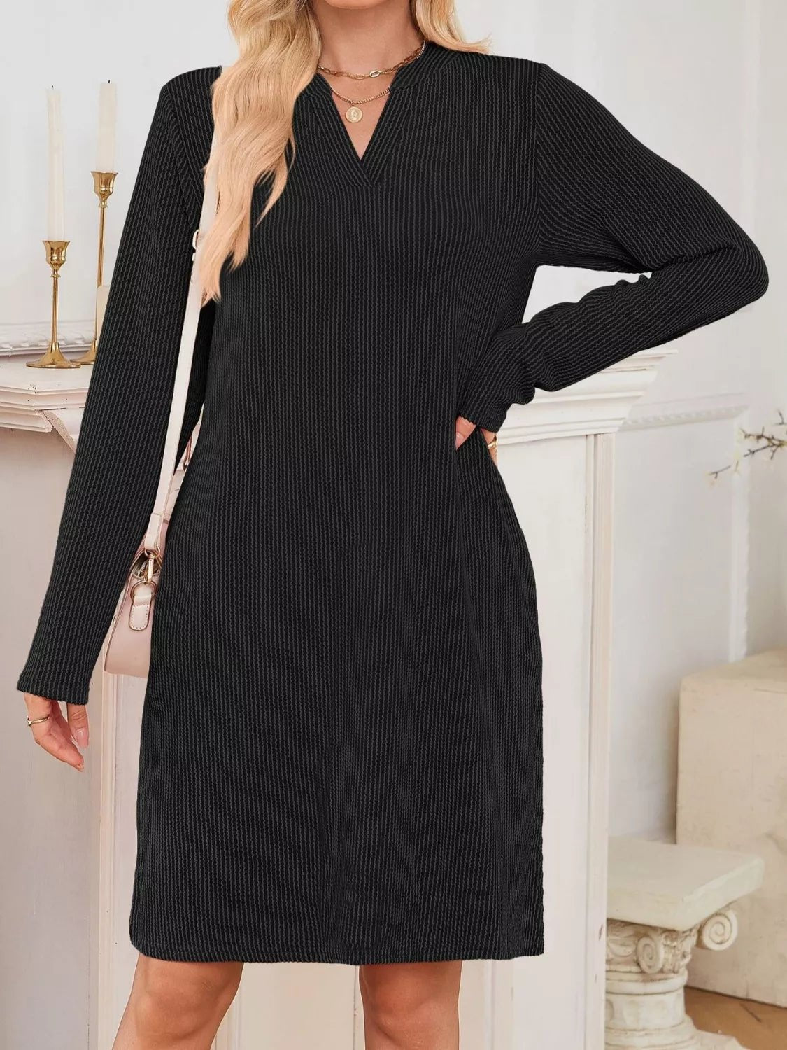 Casual Ribbed Knit Long Sleeve Dress - Knack'd Up