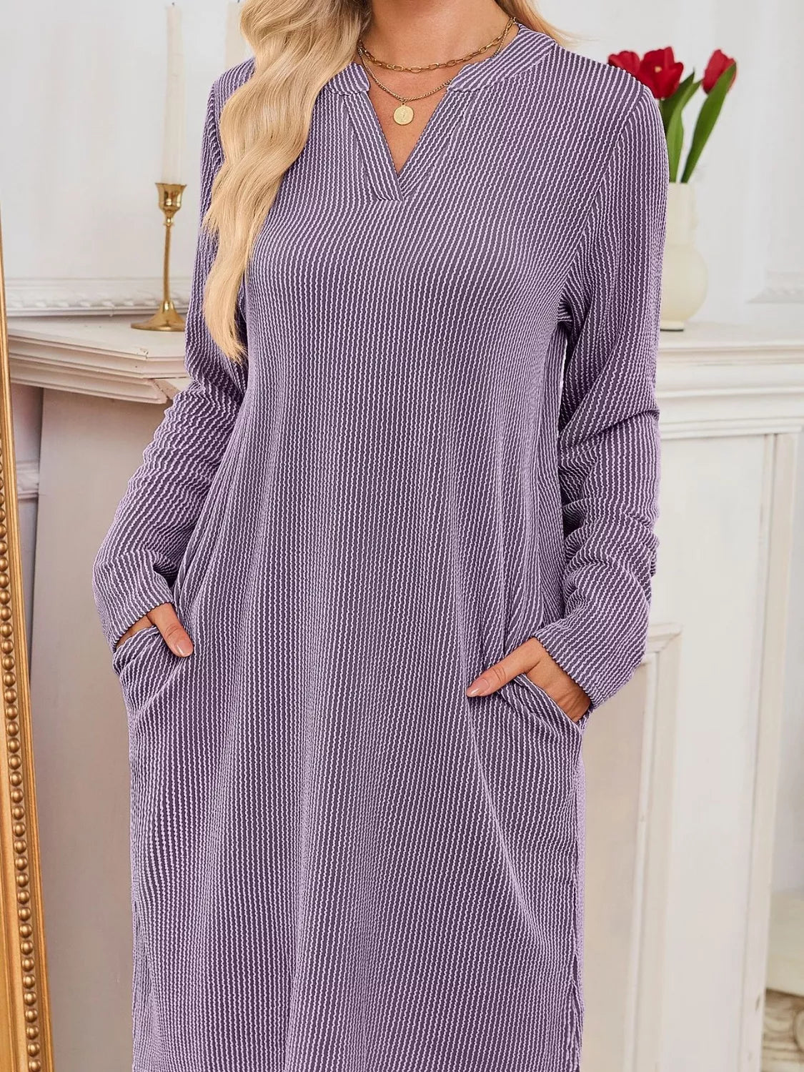 Casual Ribbed Knit Long Sleeve Dress - Knack'd Up