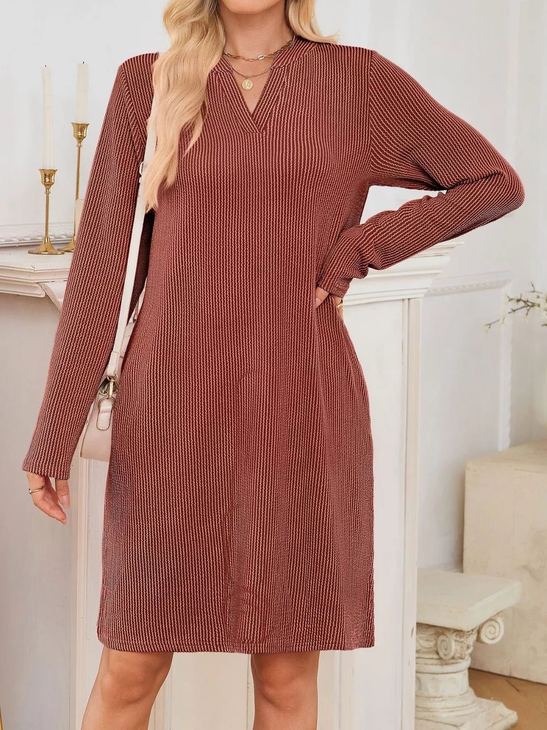 Casual Ribbed Knit Long Sleeve Dress - Knack'd Up