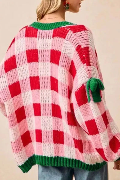 Checkered Bow - Tie Sleeve Knit Christmas Cardigan - Knack'd Up