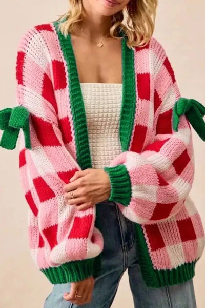 Checkered Bow - Tie Sleeve Knit Christmas Cardigan - Knack'd Up