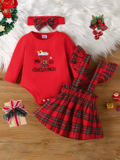 Children's First Christmas Bodysuit and Plaid Dress Outfit Set with Headband - Knack'd Up