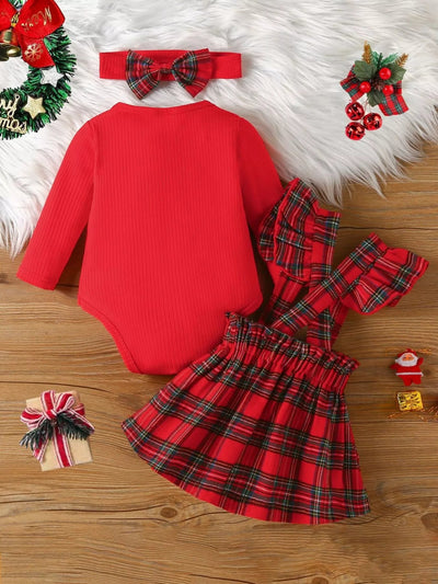 Children's First Christmas Bodysuit and Plaid Dress Outfit Set with Headband - Knack'd Up