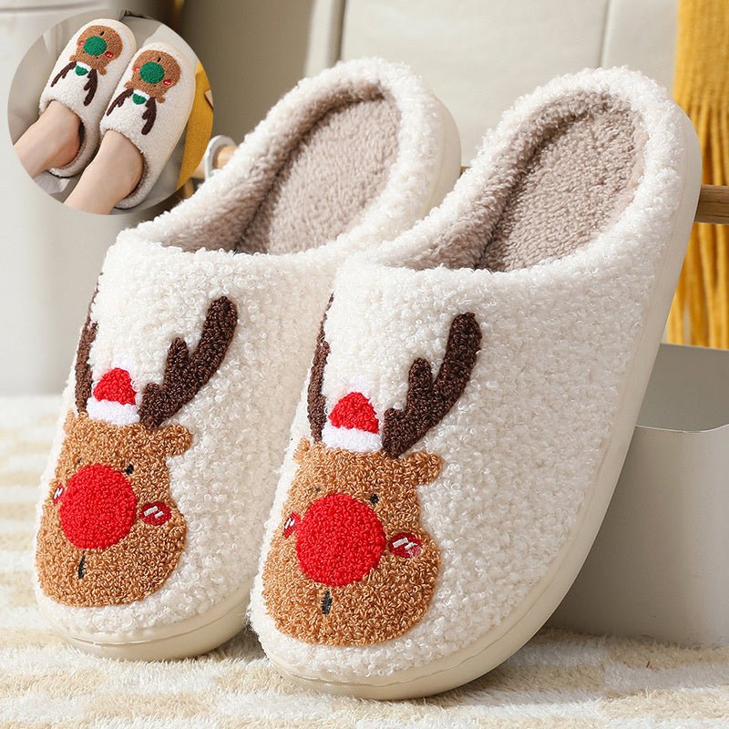 Christmas Elk Cozy Slippers – Warm Plush Holiday House Shoes for Women & Men - Knack'd Up