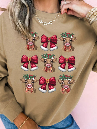 Christmas Heifer Bow Knot Print Casual Sweatshirt - Knack'd Up