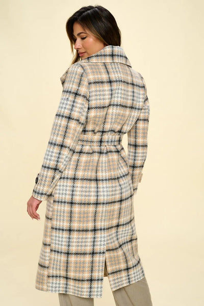 Coalition LA Double - Breasted Plaid Coat with Belt - Knack'd Up