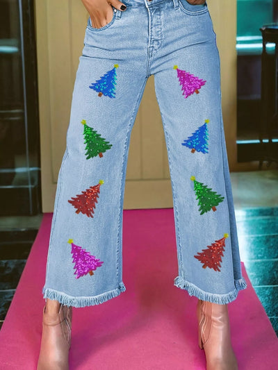 Colorful Sequin Christmas Tree Patched Raw Hem Cropped Wide Leg Jeans - Knack'd Up