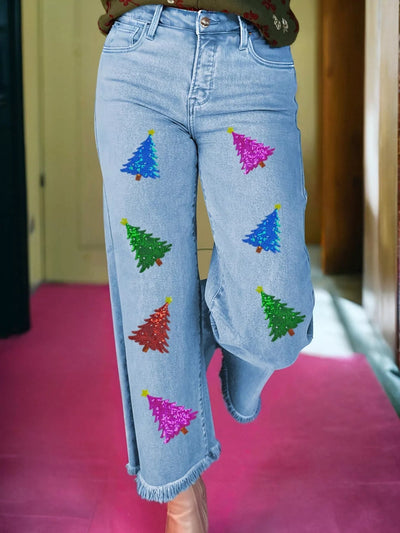 Colorful Sequin Christmas Tree Patched Raw Hem Cropped Wide Leg Jeans - Knack'd Up