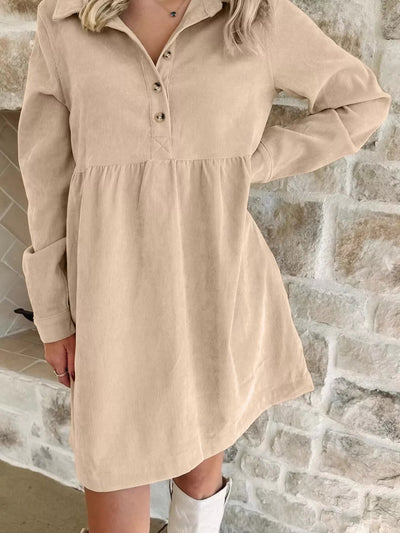 Corduroy Half Button Collared Long Sleeve Mini Dress - Knack'd Up