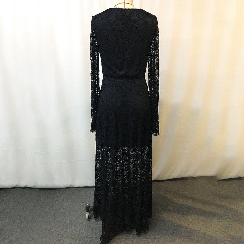 Deep V - Neck Lace Maxi Dress | Flare Sleeve Bodycon Gown with Ruffle Detail – Romantic, Elegant & Unforgettable - Knack'd Up