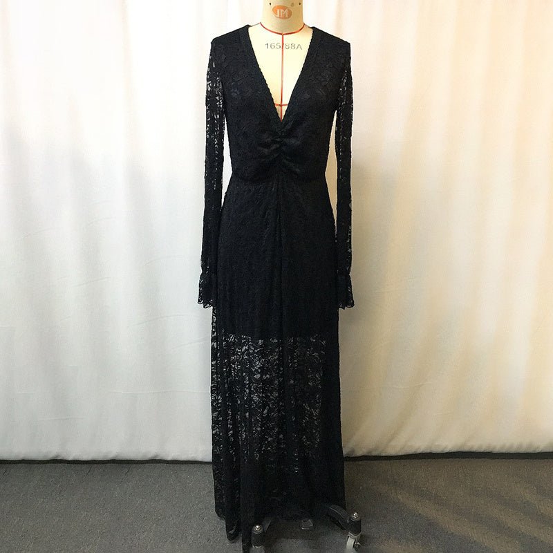 Deep V - Neck Lace Maxi Dress | Flare Sleeve Bodycon Gown with Ruffle Detail – Romantic, Elegant & Unforgettable - Knack'd Up