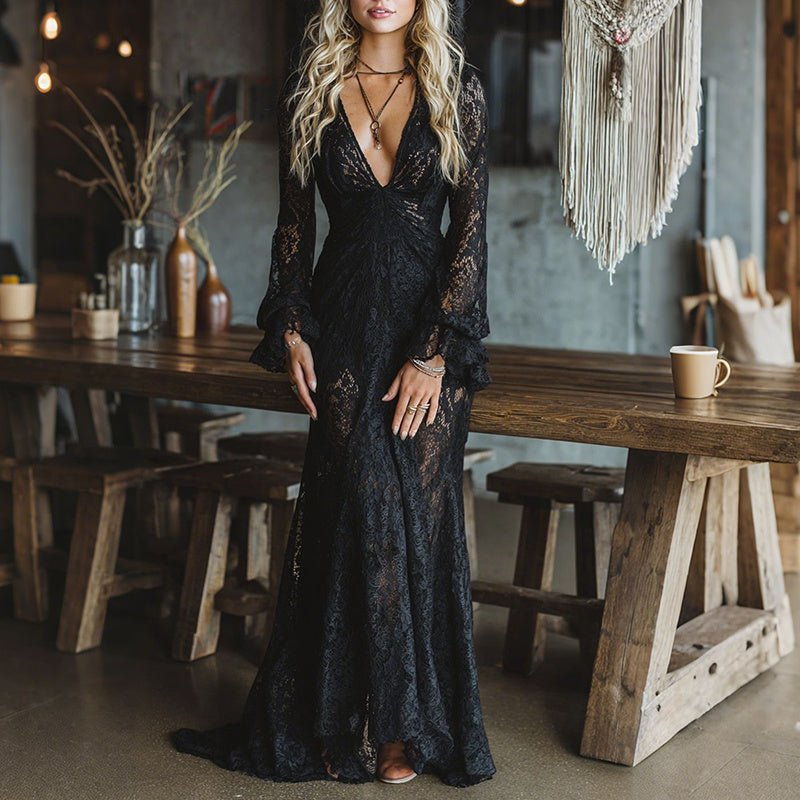 Deep V - Neck Lace Maxi Dress | Flare Sleeve Bodycon Gown with Ruffle Detail – Romantic, Elegant & Unforgettable - Knack'd Up