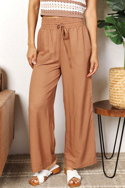 Double Take Drawstring Smocked Waist Wide Leg Pants - Knack'd Up