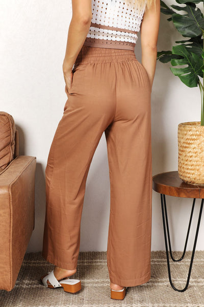 Double Take Drawstring Smocked Waist Wide Leg Pants - Knack'd Up