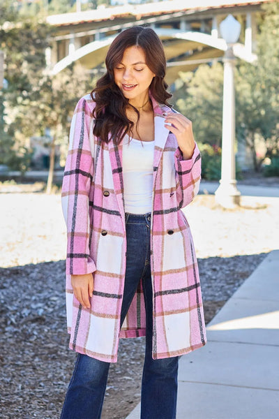 Double Take Full Size Plaid Button Up Lapel Collar Coat - Knack'd Up