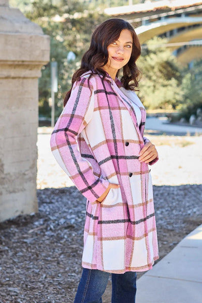 Double Take Full Size Plaid Button Up Lapel Collar Coat - Knack'd Up