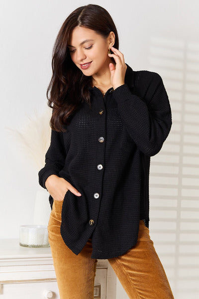 Double Take Waffle - Knit Collared Neck Dropped Shoulder Shirt - Knack'd Up